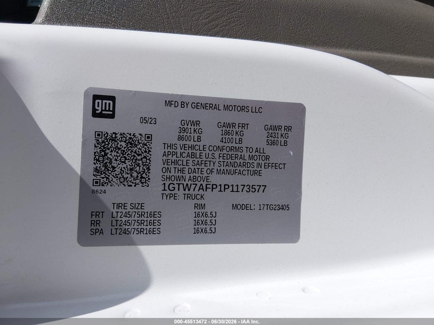2023 GMC Savana Cargo Rwd 2500 Regular Wheelbase Work Van VIN: 1GTW7AFP1P1173577 Lot: 45513472