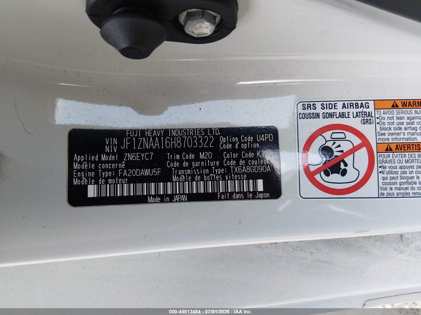 2017 Toyota 86 VIN: JF1ZNAA16H8703322 Lot: 45513484