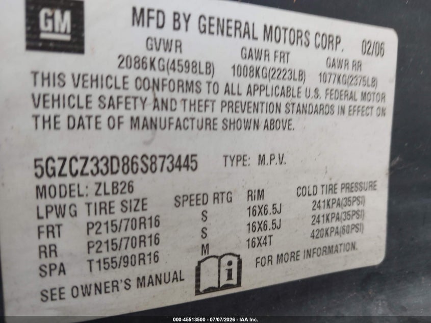 2006 Saturn Vue 4 Cyl VIN: 5GZCZ33D86S873445 Lot: 45513500