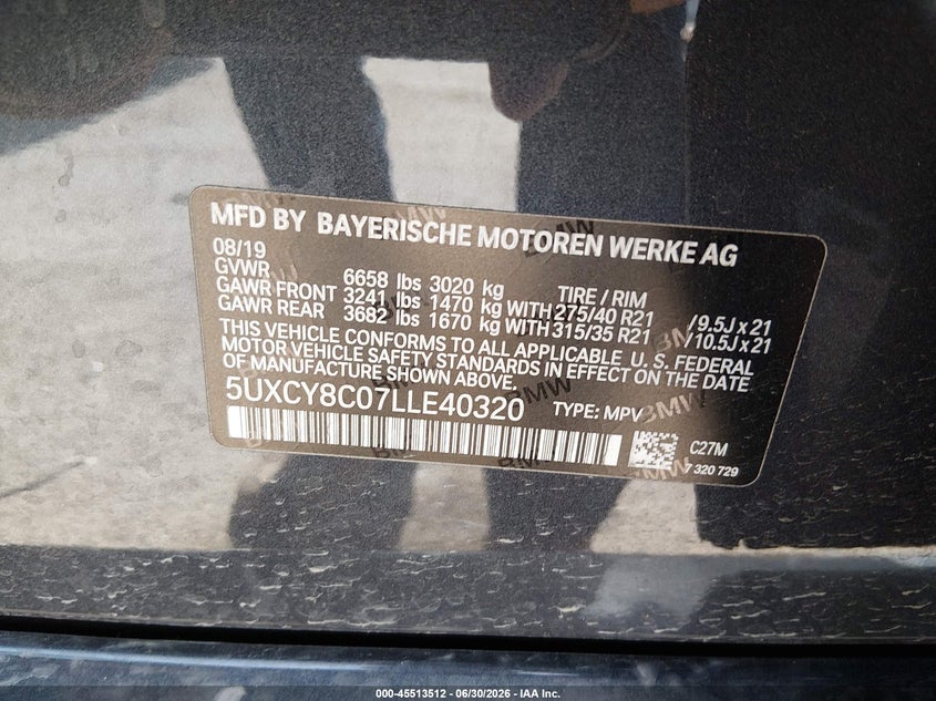 2020 BMW X6 M50I VIN: 5UXCY8C07LLE40320 Lot: 45513512