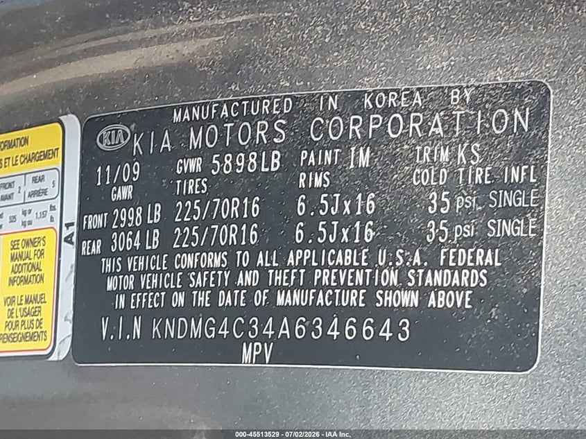 2010 Kia Sedona Lx VIN: KNDMG4C34A6346643 Lot: 45513529