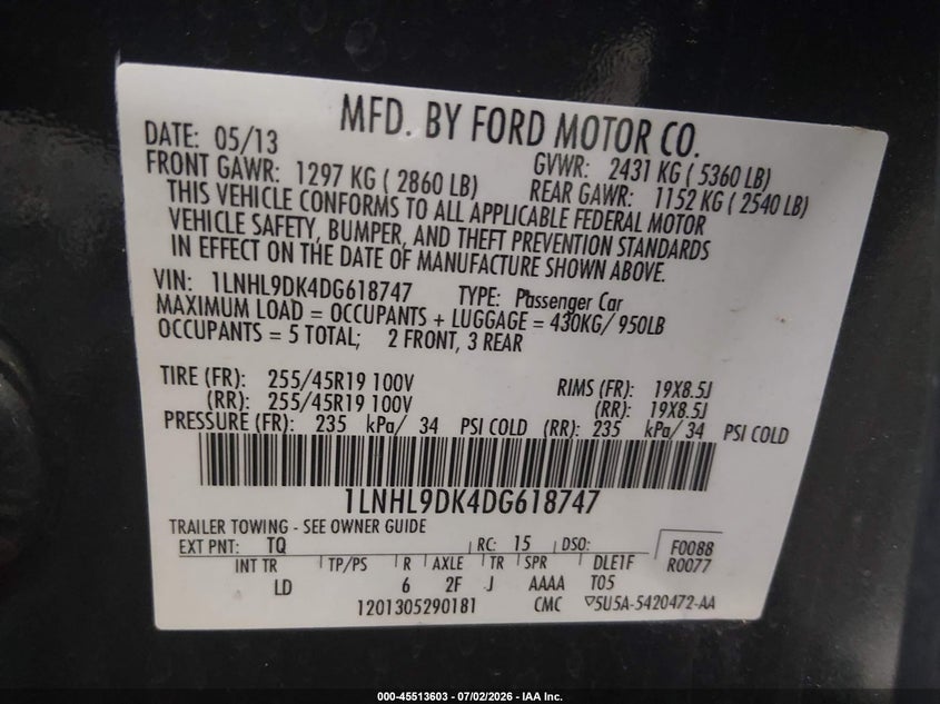 2013 Lincoln Mks VIN: 1LNHL9DK4DG618747 Lot: 45513603