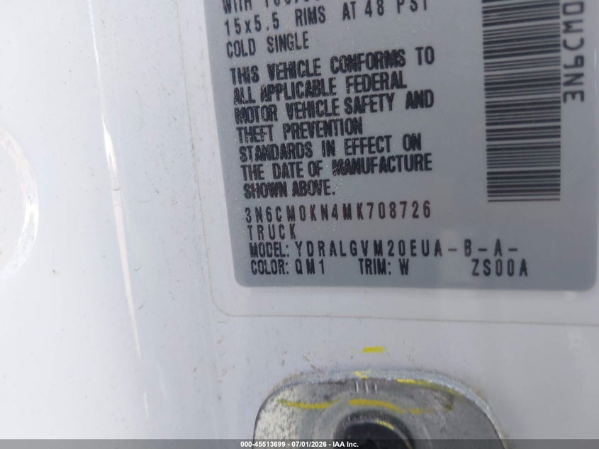 2021 Nissan Nv200 Cargo Sv Xtronic Cvt VIN: 3N6CM0KN4MK708726 Lot: 45513699