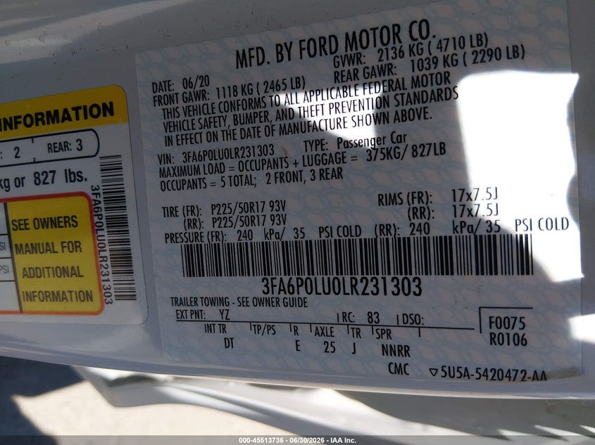 2020 FORD FUSION SEDAN 2.0L I-4 DOHC, VVT, 141HP