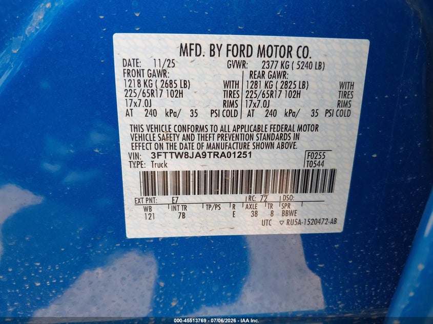 2026 Ford Maverick Xlt VIN: 3FTTW8JA9TRA01251 Lot: 45546167