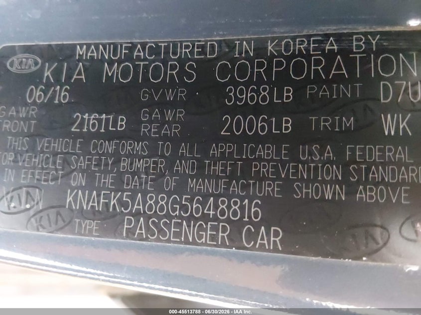 2016 KIA FORTE HATCHBACK 2.0L I-4 DI, DOHC, VVT, 173HP