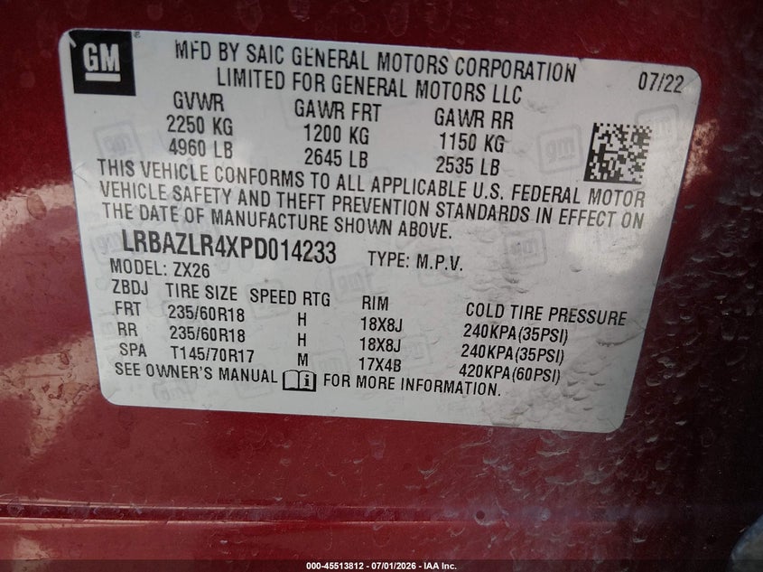 2023 Buick Envision Preferred Fwd VIN: LRBAZLR4XPD014233 Lot: 45513812