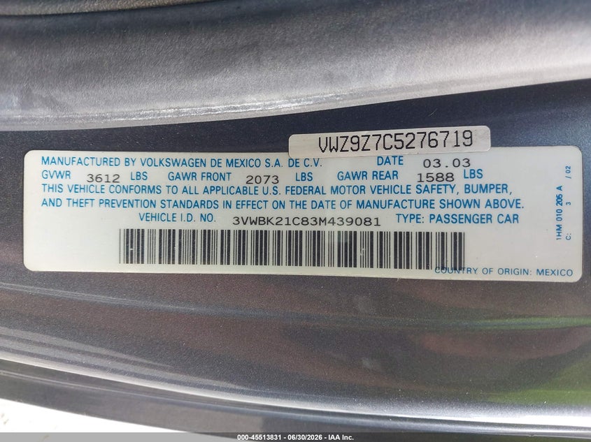 2003 Volkswagen New Beetle Gl VIN: 3VWBK21C83M439081 Lot: 45513831