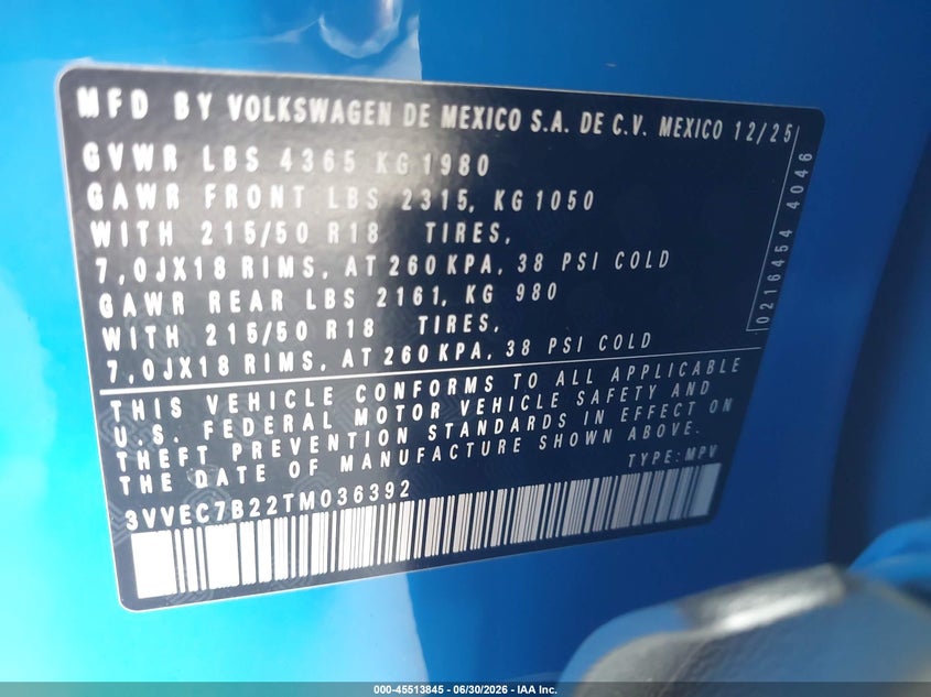 2026 Volkswagen Taos Se VIN: 3VVEC7B22TM036392 Lot: 45513845