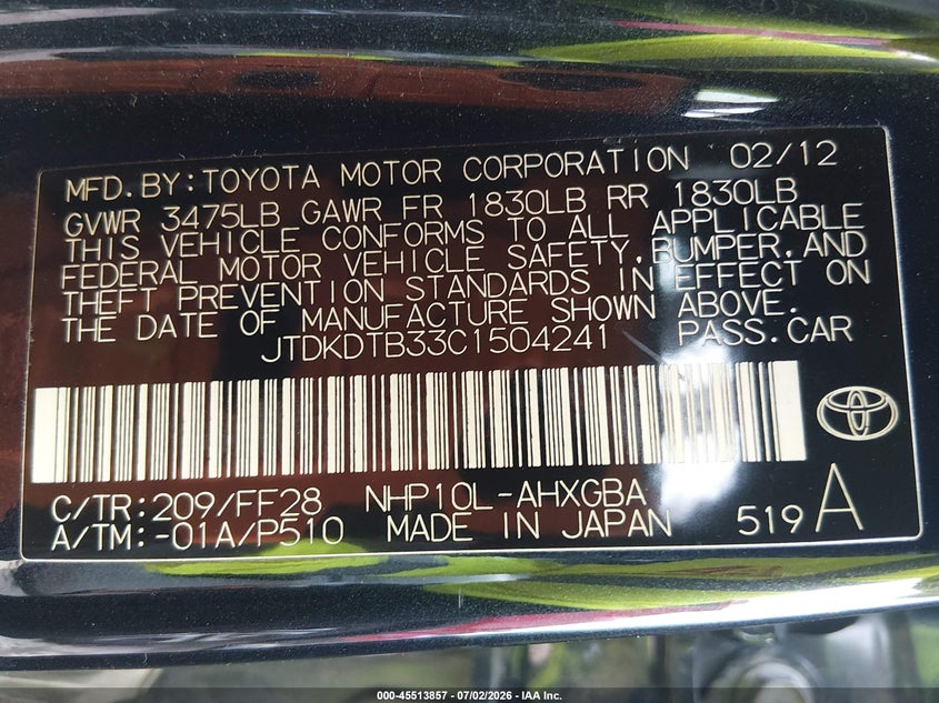 2012 Toyota Prius C Three VIN: JTDKDTB33C1504241 Lot: 45513857