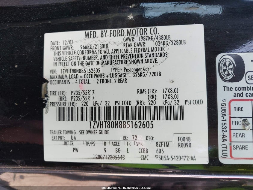 FORD MUSTANG 2008 VIN 1ZVHT80N885162605