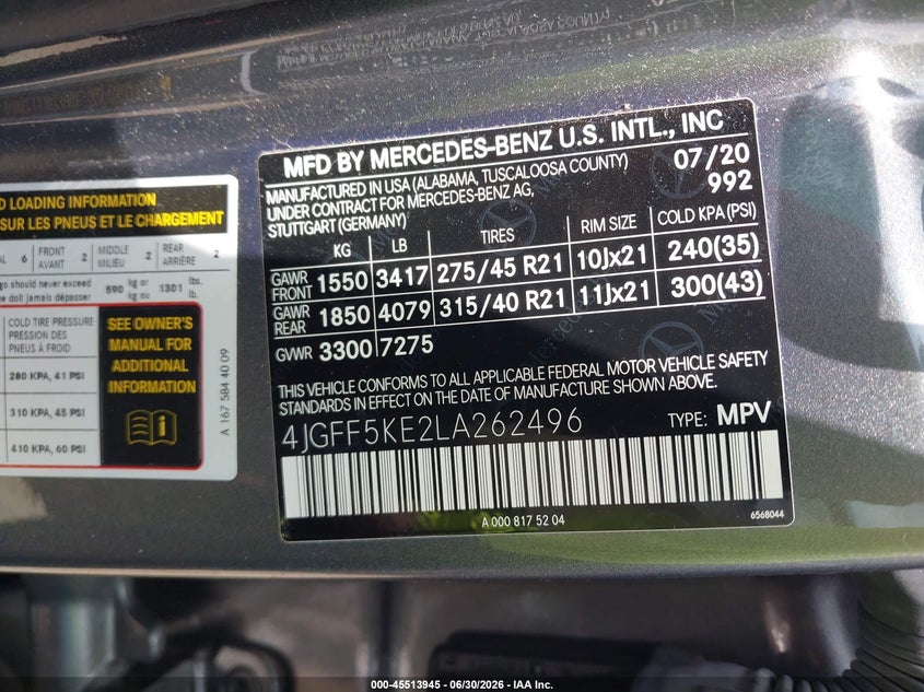 2020 Mercedes-Benz Gls 450 4Matic VIN: 4JGFF5KE2LA262496 Lot: 45513945