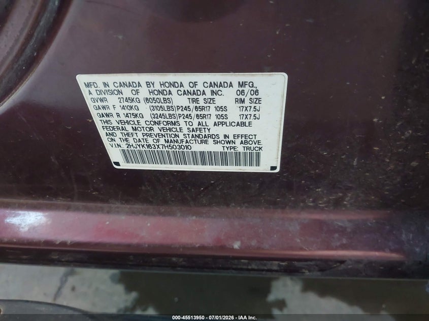 2007 Honda Ridgeline Rtx VIN: 2HJYK163X7H503010 Lot: 45513950