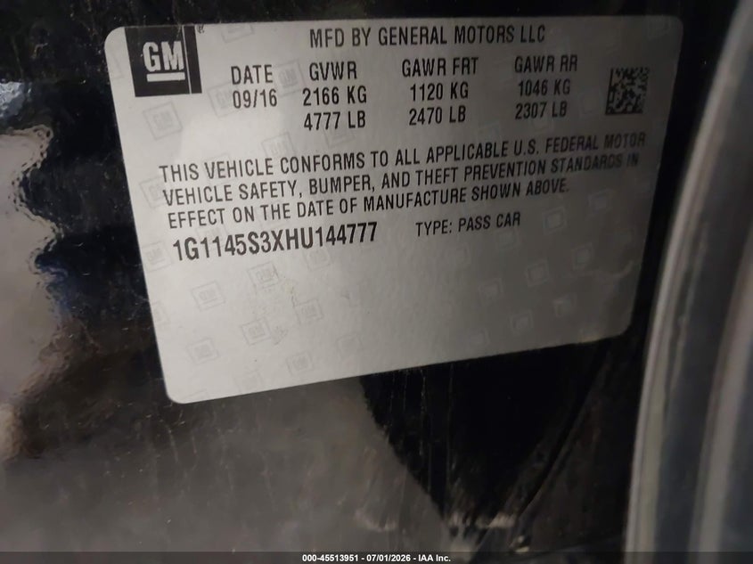 CHEVROLET IMPALA 2017 VIN 1G1145S3XHU144777