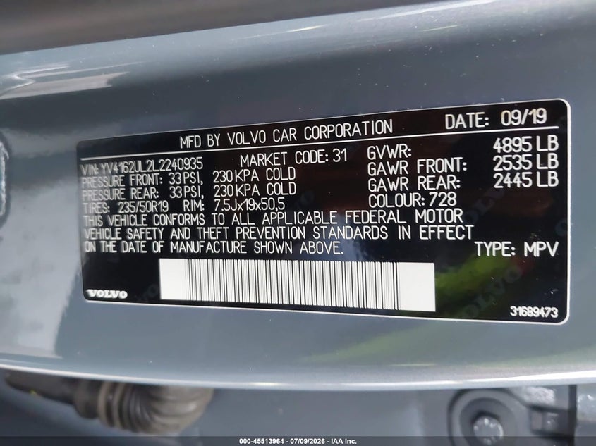 2020 Volvo Xc40 T5 Inscription VIN: YV4162UL2L2240935 Lot: 45513964