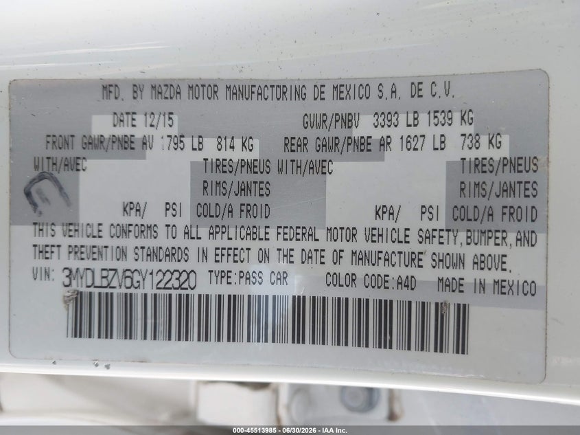 2016 Scion Ia VIN: 3MYDLBZV6GY122320 Lot: 45513985