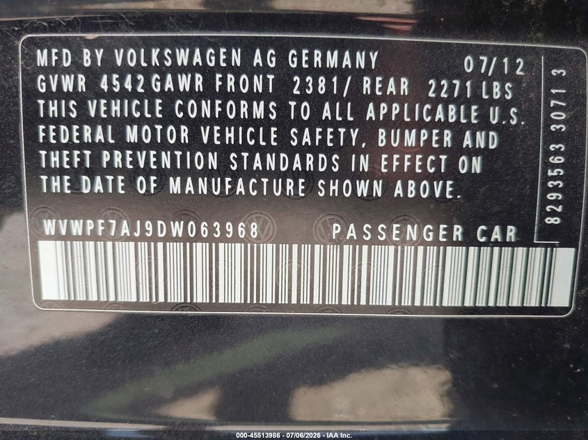 2013 Volkswagen Golf R 4-Door VIN: WVWPF7AJ9DW063968 Lot: 45513986