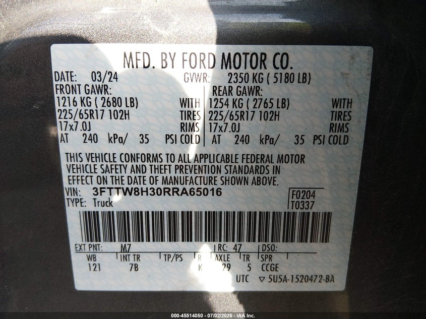 2024 Ford Maverick Xlt VIN: 3FTTW8H30RRA65016 Lot: 45514050
