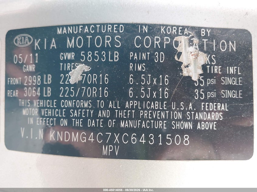 2012 Kia Sedona Lx VIN: KNDMG4C7XC6431508 Lot: 45514056