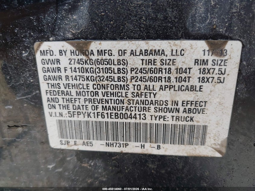 2014 HONDA RIDGELINE PICKUP 3.5L V-6 VVT, 250HP