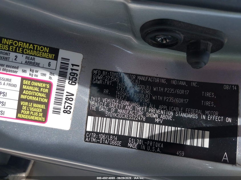 2014 TOYOTA SIENNA VAN 3.5L V-6 DOHC, VVT, 266HP