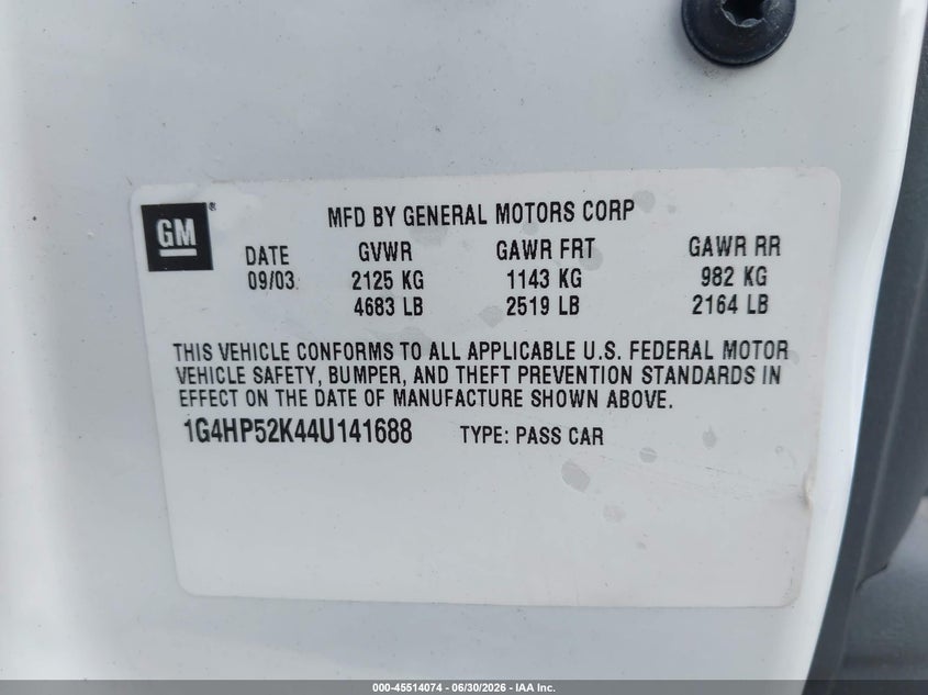 2004 Buick Lesabre Custom VIN: 1G4HP52K44U141688 Lot: 45514074
