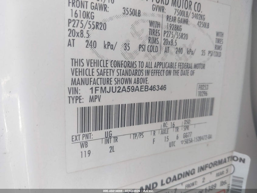 FORD EXPEDITION 2010 VIN 1FMJU2A59AEB46346