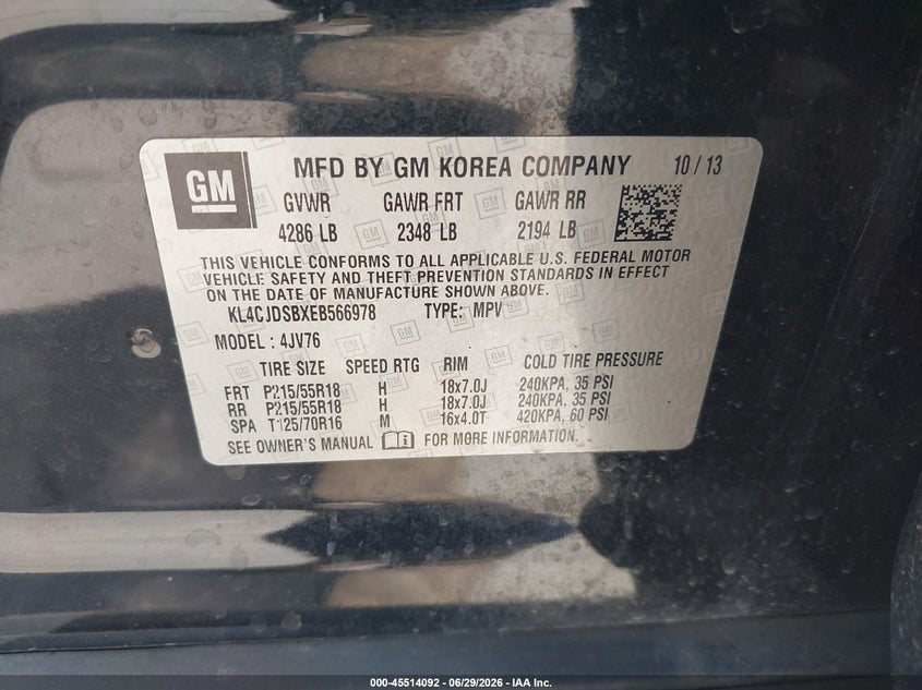 BUICK ENCORE 2014 VIN KL4CJDSBXEB566978