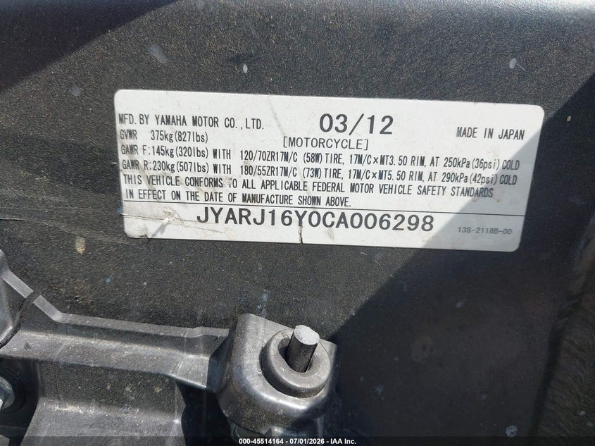 2012 Yamaha Yzfr6 C VIN: JYARJ16Y0CA006298 Lot: 45514164