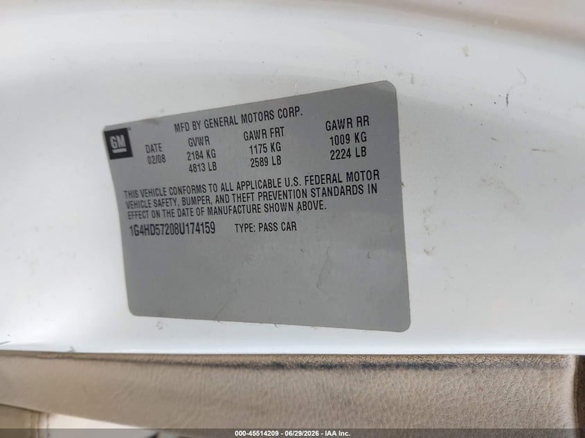 2008 Buick Lucerne Cxl VIN: 1G4HD57208U174159 Lot: 45514209