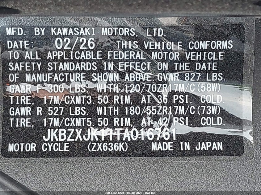2026 Kawasaki Zx636 K VIN: JKBZXJK11TA016761 Lot: 45514224