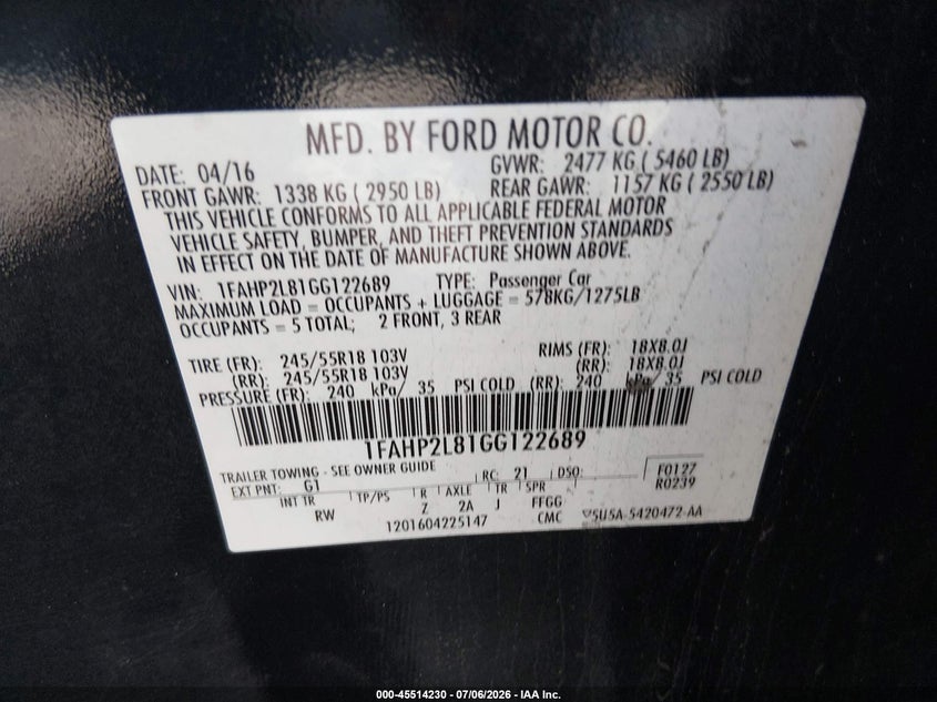 2016 Ford Police Interceptor VIN: 1FAHP2L81GG122689 Lot: 45514230