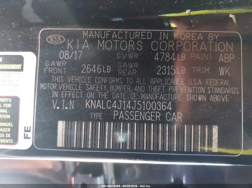 2018 Kia Cadenza Limited VIN: KNALC4J14J5100364 Lot: 45514266
