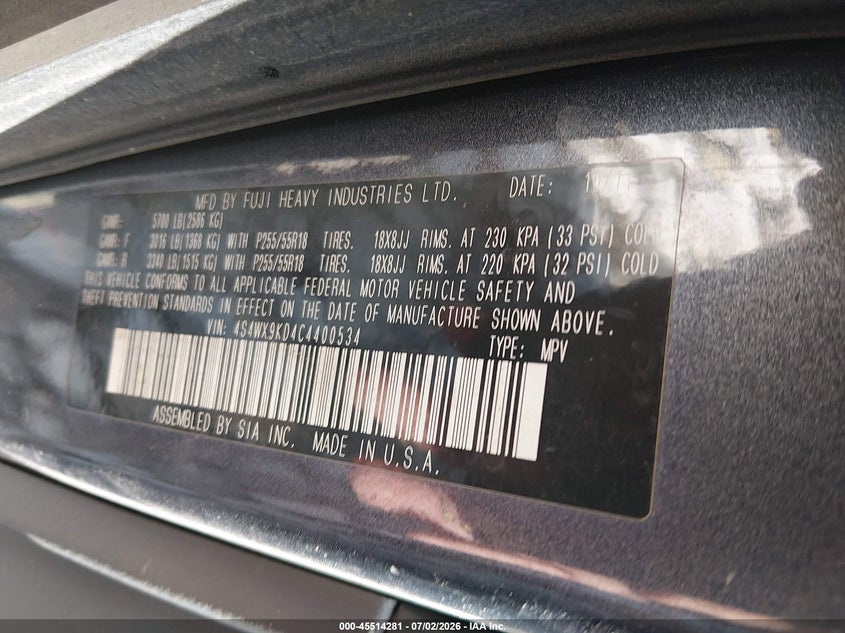 2012 Subaru Tribeca 3.6R Limited VIN: 4S4WX9KD4C4400534 Lot: 45514281
