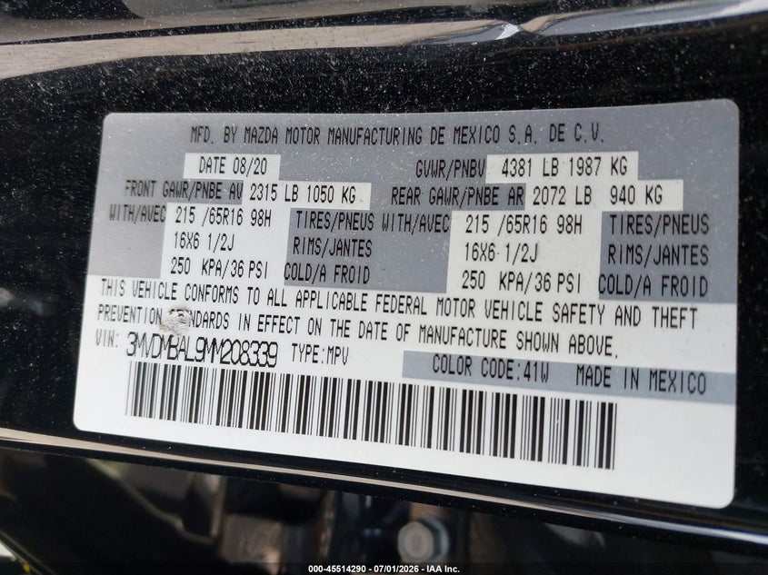 MAZDA CX-30 2021 VIN 3MVDMBAL9MM208339