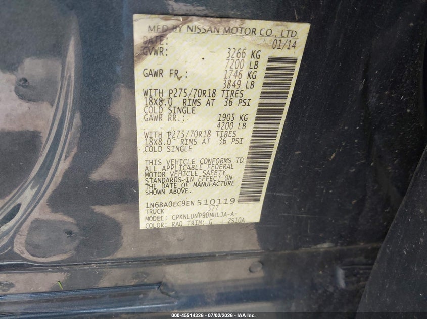 2014 Nissan Titan Pro-4X VIN: 1N6BA0EC9EN510119 Lot: 45514326