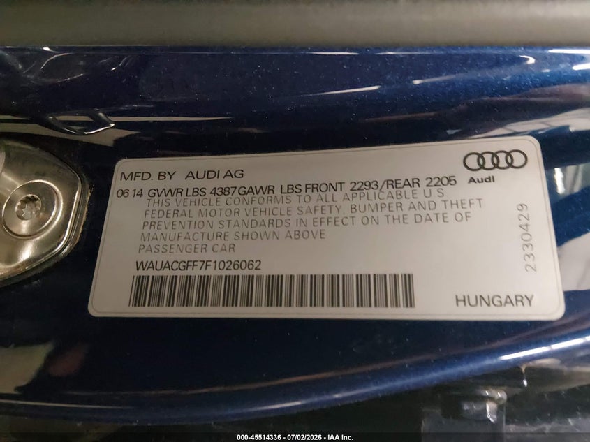 2015 Audi A3 1.8T Premium VIN: WAUACGFF7F1026062 Lot: 45514336
