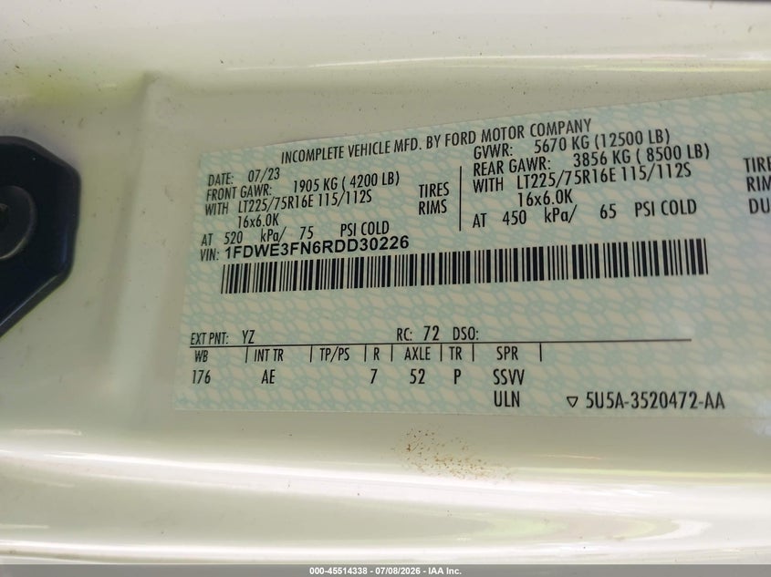 2024 Ford E-350 Cutaway VIN: 1FDWE3FN6RDD30226 Lot: 45514338
