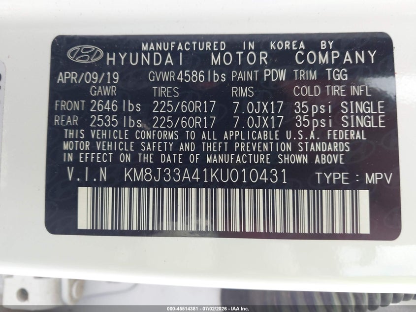 2019 Hyundai Tucson Value VIN: KM8J33A41KU010431 Lot: 45514381