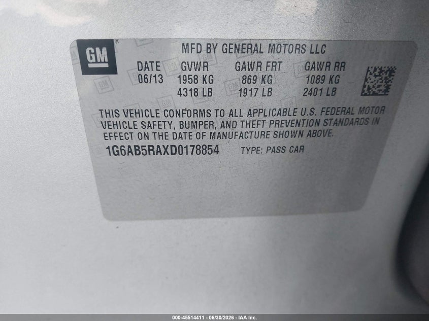 2013 Cadillac Ats Luxury VIN: 1G6AB5RAXD0178854 Lot: 45514411