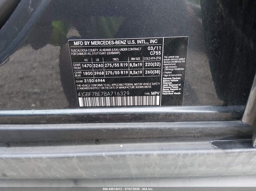 2011 Mercedes-Benz Gl 450 4Matic VIN: 4JGBF7BE7BA716329 Lot: 45514412