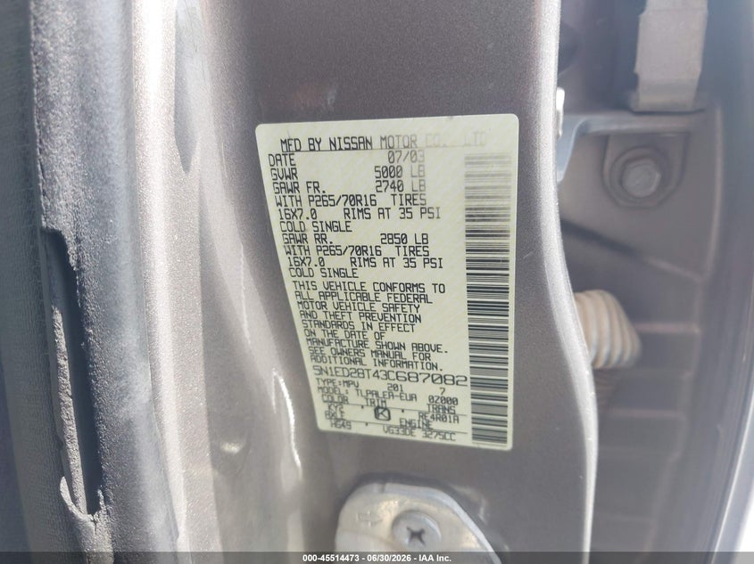2003 Nissan Xterra Xe VIN: 5N1ED28T43C687082 Lot: 45514473