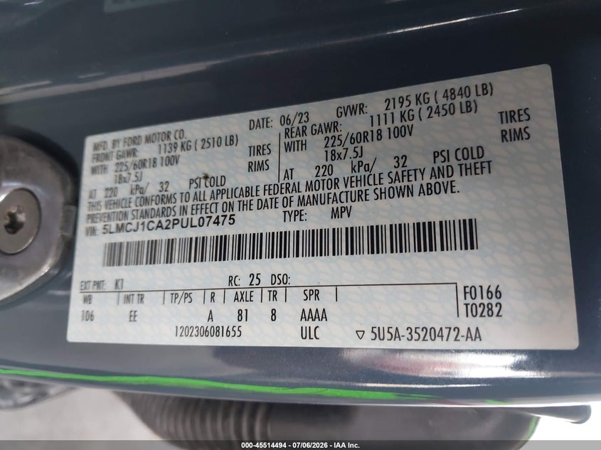 2023 Lincoln Corsair Standard VIN: 5LMCJ1CA2PUL07475 Lot: 45514494