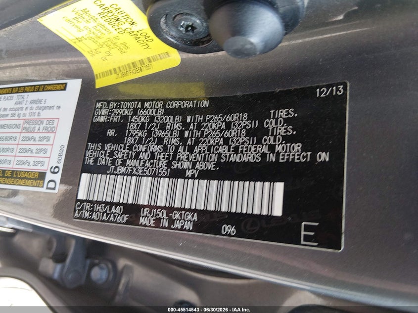 2014 Lexus Gx 460 VIN: JTJBM7FX3E5071551 Lot: 45514543