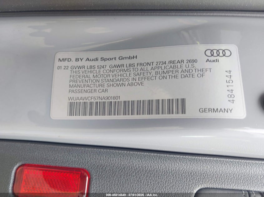 2022 Audi Rs 5 Sportback Tfsi Quattro Tiptronic VIN: WUAAWCF57NA901801 Lot: 45514549