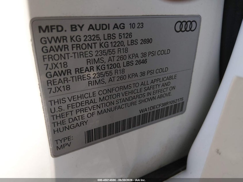 2024 Audi Q3 Premium 45 Tfsi S Line Quattro Tiptronic VIN: WA1DECF38R1052175 Lot: 45514586