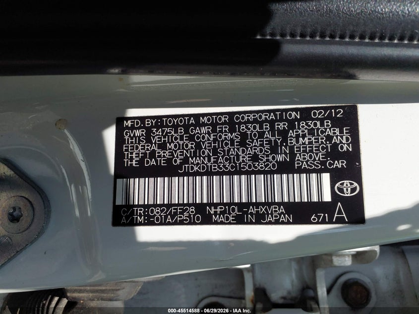 2012 Toyota Prius C Two VIN: JTDKDTB33C1503820 Lot: 45514588