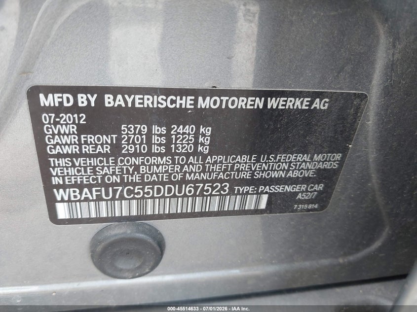 2013 BMW 535I xDrive VIN: WBAFU7C55DDU67523 Lot: 45514633