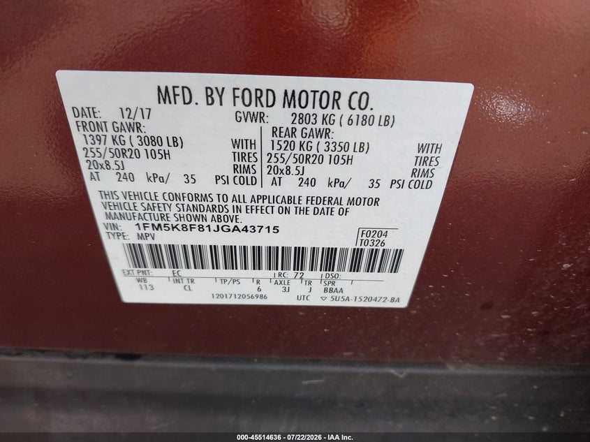 2018 Ford Explorer Limited VIN: 1FM5K8F81JGA43715 Lot: 45514636