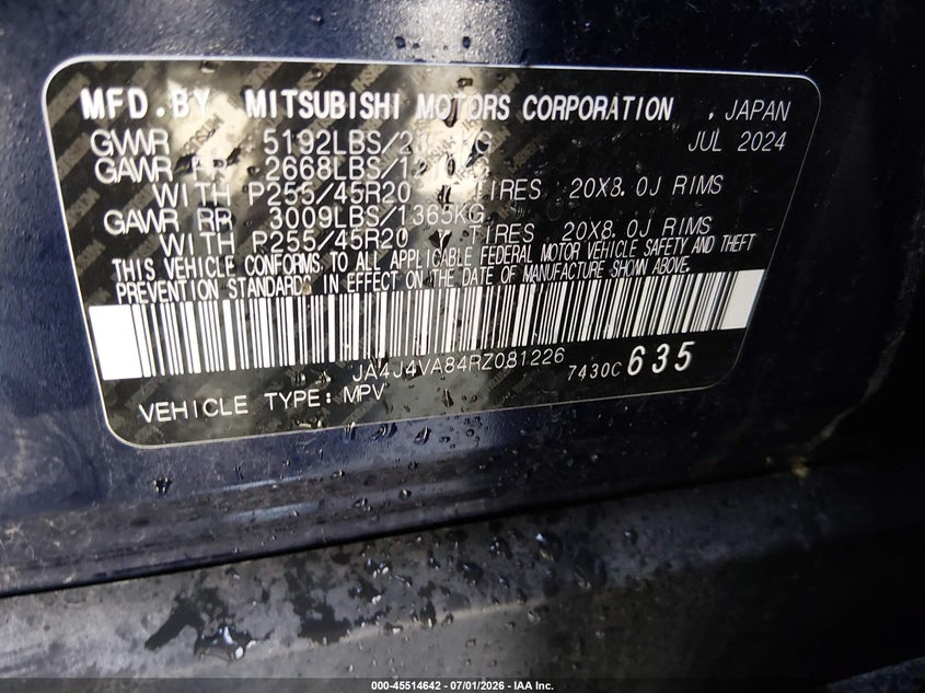 MITSUBISHI OUTLANDER 2024 VIN JA4J4VA84RZ081226